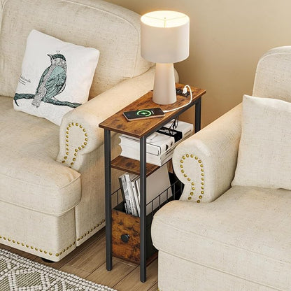 Snughome Narrow Side Table with Charging Station, Slim End Table for Small Spaces, 3 Tier Skinny Nightstand with Drawer, Sofa Beside Table with Storage Shelf for Living Room Bedroom
