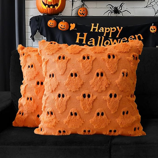 4TH Emotion Halloween Ghost Decorative Pillow Covers 20x20 Set of 2, Orange Soft Plush Faux Fur Farmhouse Throw Cushion Cases for Fall Autumn Holiday Home Decorations