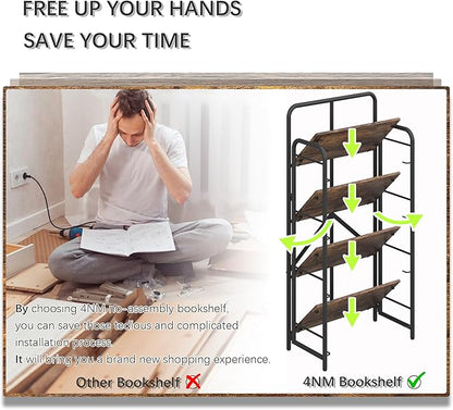 4NM No Assembly Folding Bookshelf 4 Tiers Vintage Industrial Black Book Shelf Metal Foldable Storage Bookcase and Bookshelves for Living Room,Bedroom and Kitchen - Rustic Brown