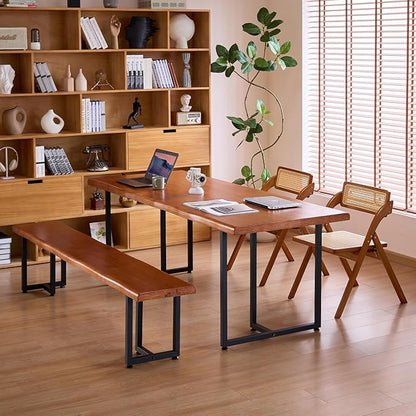 Solid Wood Administrative Desk, Dining Table with Durable Metal Legs, Uniquely Designed Leisure Table, Perfect for Restaurants and Home Offices, (Wood Brown, 62.99in)