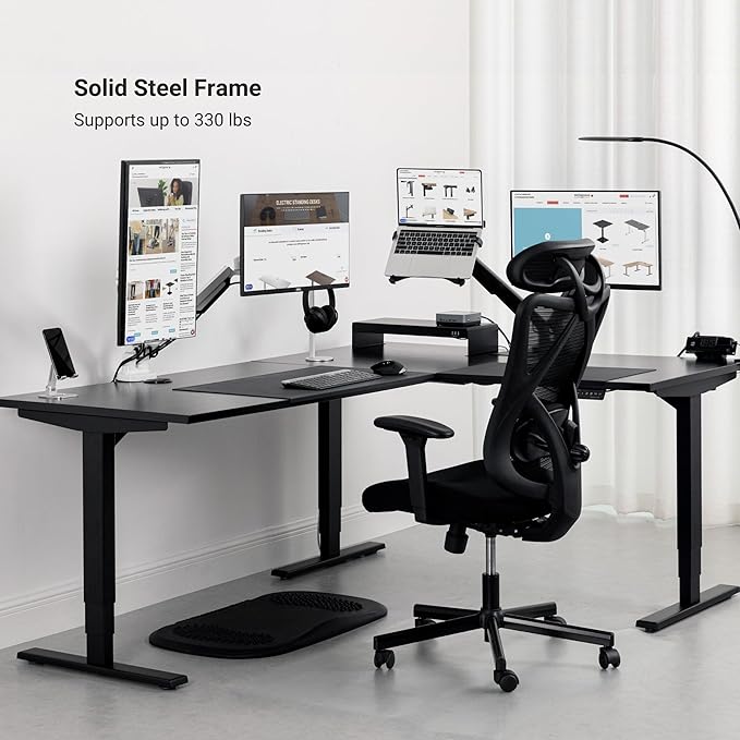 Progressive Desk Height Adjustable Computer Standing Desk - L Shaped 70" x 55" Corner Electric Stand Up Rising Workstation - Ebony Oak, Gray Frame