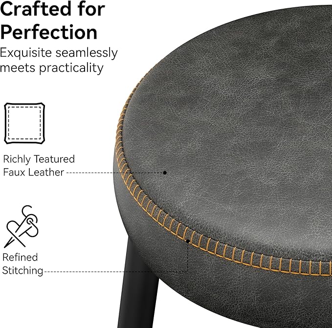Counter Height Bar Stools, 26" H Backless Bar Stools Set of 2, Upholstered Faux Leather Kitchen Counter Stools, Mid Century Modern, Kitchen Island Home Bar, Pub, Black Grey