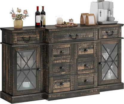 YITAHOME Television Stand for 65/55 Inch TV, Farmhouse TV Stand with 9 Drawers, Adjustable Shelves and Tempered Glass Doors, Entertainment Center TV Media Console for Living Room, Dark Rustic Oak