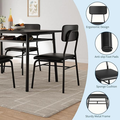 GarveeHome Dining Table Set for 4 with Storage Rack, 5-Piece Kitchen Table and Upholstered Chairs of 4, Wood Tabletop & Heavy-Duty Metel Frame, Dining Room Set for Small Space, Apartment, Black