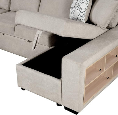 109" U-shaped Sectional Pull-out Sofa Bed with Storage Chaise,2-in-1 Convertible Couch W/ 4 Back Pillow & 2 USB Ports,Luxurious Sleeper Furniture Set for Living Room Large Space,Beige Chenille