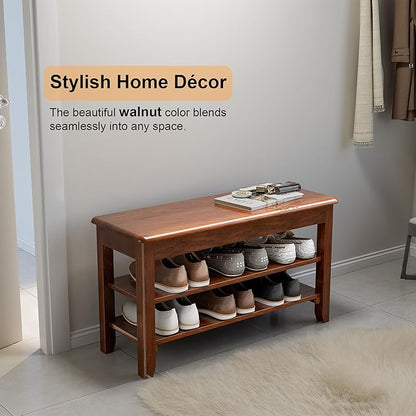 Shoe Storage Bench for Entryway - 3 Tier Shoe Rack for Front Door Entrance, Rubberwood Shoes Rack Height Adjustable, Entryway Bench with Shoes Storage for Any Room (Walnut, 31.5" W)
