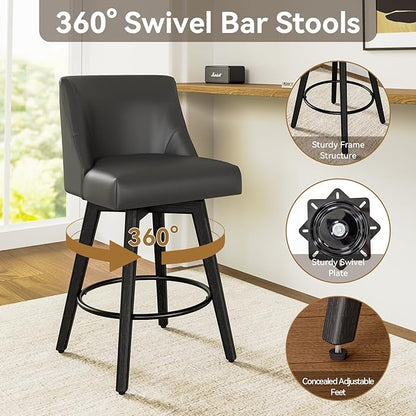 26.8 Inch Counter Height Bar Stools with Back, Swivel Bar Stools Set of 2, Modern Kitchen Barstools with Footrest, Faux Leather Upholstered Bar Chairs, Solid Wood Legs for Island, Pub, Black