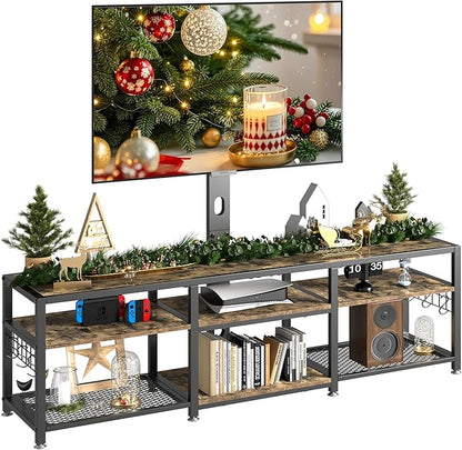 VECELO 63" TV Stand with Mount and Power Outlets, Entertainment Center Console with Open Storage Shelves, Height Adjustable Mount up to 75”, Wooden Table and Metal Frame for Living Room, Rustic Brown