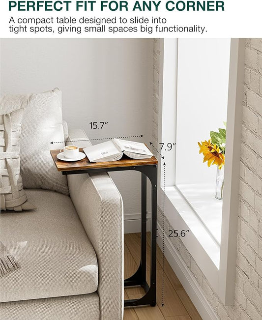 C-Shaped Side Table for Couch - Small Coffee Stand Sofa Tray Desk with Sturdy Metal Frame and Waterproof Scratch Resistant Wood Surface, Modern End Accent for Living Room, Bedroom,Rustic Brown