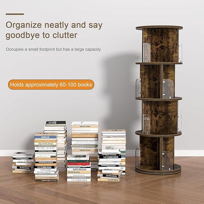 VECELO Rotating Bookshelf Tower, 360°Revolving Bookcase, Round Book Shelf Rotating, Stackable Storage Display Rack Floor Standing, Corner Bookshelf for Home Office, Brown