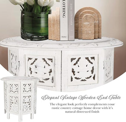 The Wooden Town Handcrafted White Wood End Table - Antique Finish, Small Accent Table 18"x18" for Living Room, Bedroom, Sofa Side or Nightstand Use