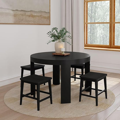 Plank+Beam Smythe Dining Stool, 18" Vanity Stools, Set of 2, Sturdy Wood Modern Kitchen Stool, Saddle Seat Backless Chair, Metal Footrest, Black