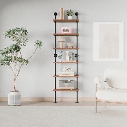 Industrial Ladder Pipe Shelves, Wall Mounted Rustic Bookshelf, Retro Metal Wood Bookcases (Weathered Brown, 6 Tier - 10" D x 24" W x 82.5" H)