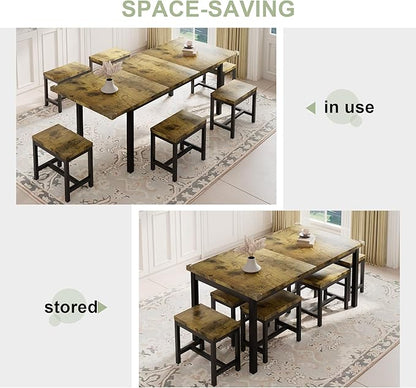 Feonase 7-Piece Dining Table Set with 6 Stools, 63 Inch Extendable Kitchen Table for 4-8, Kitchen Room Set with MDF Board & Metal Frame, Farmhouse Table, Space-Saving, Rustic Brown