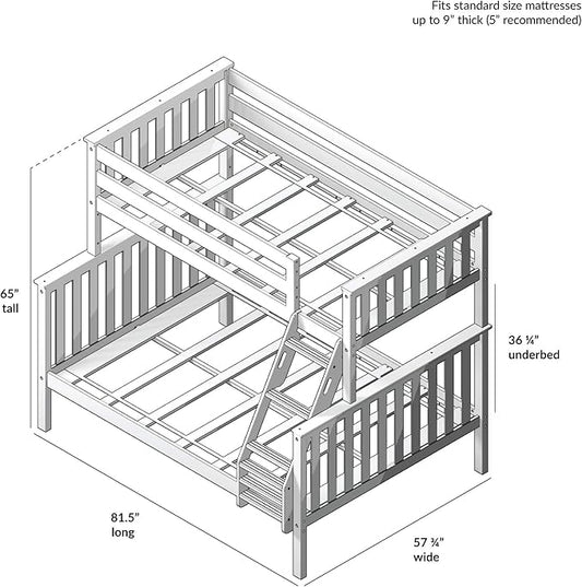 Max & Lily Bunk Bed Twin Over Full Size with Ladder, Solid Wood Platform Bed Frame with Ladder for Kids, 14" Safety Guardrails, Easy Assembly, No Box Spring Needed, Natural
