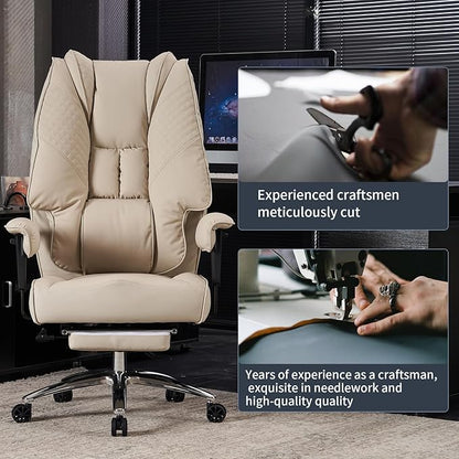 Big and Tall Office Chair 400lbs Wide Seat, Leather High Back Executive Office Chair with Foot Rest, Ergonomic Chairs Lumbar Support for Lower Back Pain Relief (Beige)