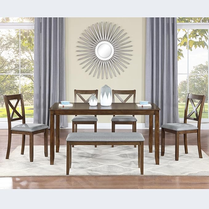soges 6 Piece Kitchen Dining Set, Rectangular Wooden Dining Table with 4 Upholstered Chairs and a Bench, Dining Table Set for 6 People, Living Room, Home Bar and Kitchen, Walnut