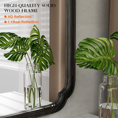 WallBeyond 24" x 36" Rounded Corner Arch Wall Mirror with Wood Frame for Entryway, Living Room or Bedroom Home Decor - Light Woodgrain [24" x 36" Black]