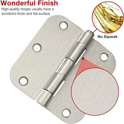 12 Pack Brushed Nickl Door Hinges 3.5 Inch x3-1/2 5/8 Radius Round Interior Hinge 3 ½" Satin Silver Heavy Duty Steel Iron Hardware for Bifold Standard Doors Home House Decor Accessories Kits