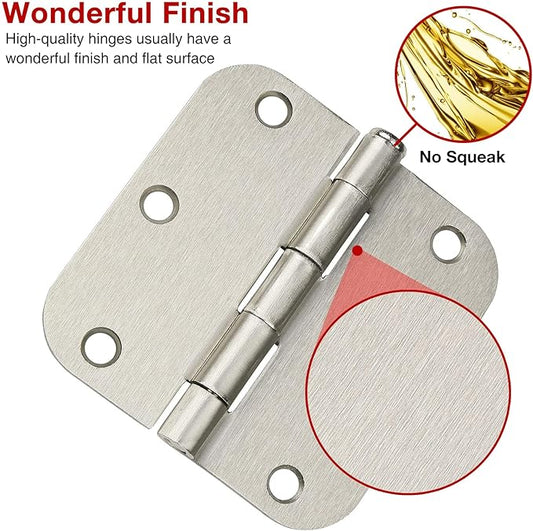12 Pack Brushed Nickl Door Hinges 3.5 Inch x3-1/2 5/8 Radius Round Interior Hinge 3 ½" Satin Silver Heavy Duty Steel Iron Hardware for Bifold Standard Doors Home House Decor Accessories Kits