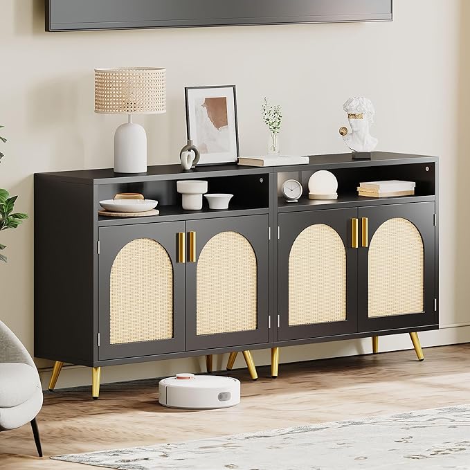 DWVO Buffet Sideboard Cabinet, Accent Storage Cabinet with Natural Rattan Doors and Adjustable Shelves for Kitchen, Living Room and Hallway, Black