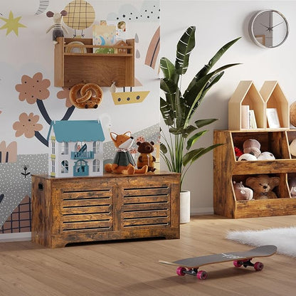 DINZI LVJ Storage Chest, 39.4”Wooden Toy Box with 2 Safety Hinges, Retro Entryway Shoe Storage Bench with Flip-Top, Sturdy Large Storage Trunk for Living Room, Bedroom, Easy Assembly, Rustic Brown