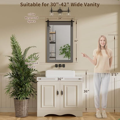 Farmhouse Wall Mirror, Rustic Wood Frame Bathroom Mirror Barn Door Inspired Decorative Vanity Dress Mirrors for Living Room Entryway, 24x36 INCH Gray Vertical