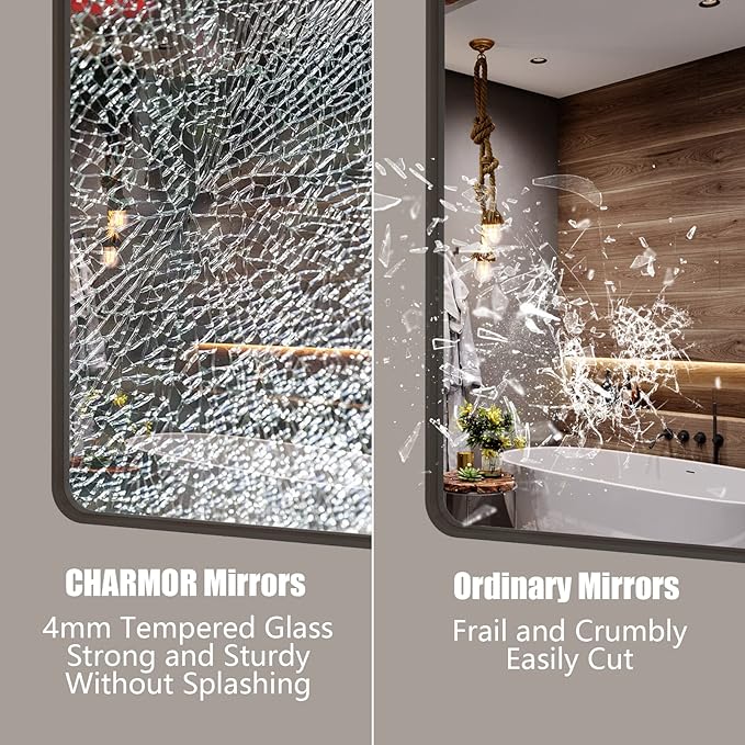24x36 Bronze Bathroom Mirror, Brushed Metal Bathroom Vanity Mirrors for Wall, Modern Rounded Corner Rectangle Mirror for Farmhouse, Bedroom, Anti-Rust (Horizontal/Vertical)