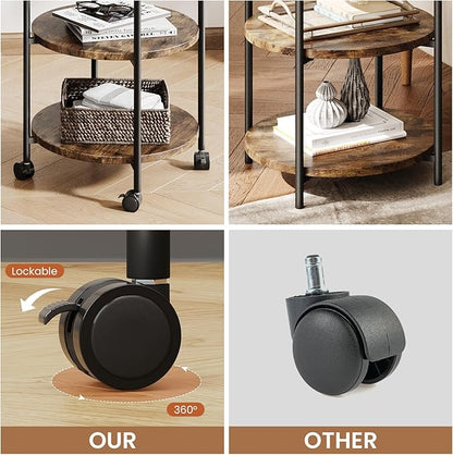 Side Tables Living Room, 3-Tier Modern End Table with Wheels, Small Side Table Nightstand Bedside Table for Living Room, Bedroom, or Small Spaces-Rust Brown