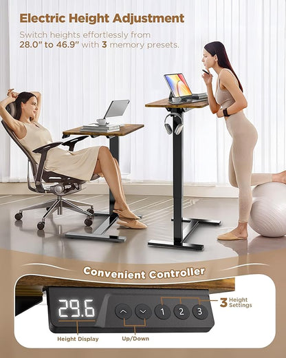 Electric Adjustable Height Standing Desk - Small Sit Stand Portable Rolling Laptop Table with Hidden Wheels, Small Computer Workstation for Bedside & Home Office Use (24"x16",Rustic Brown)
