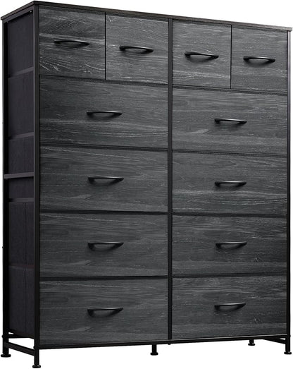 WLIVE Storage Organizer Unit with 12 Fabric Bins, Storage Drawers Organizer with Steel Frame, Tall Storage Tower Organizaton for Living Room, Hallway, Office, Charcoal Black Wood Grain Print