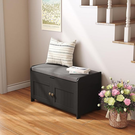 HOMEFORT 30" Shoe Bench with Lift Top Storage, Entryway Bench with Cushioned Seat, Wooden End of Bed Bench, Shoe Cabinet Bench with Hidden Storage Space, for Bedroom, Hallway,Black
