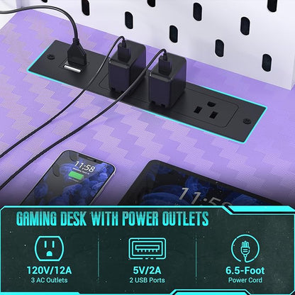 Gaming Desk with Hutch and LED Lights, Gaming Computer Desk with Power Outlets, Gamer Desk with Storage Shelves, PC Gamings Desk with Pegboards for Bedroom, Carbon Fiber Purple, 49"