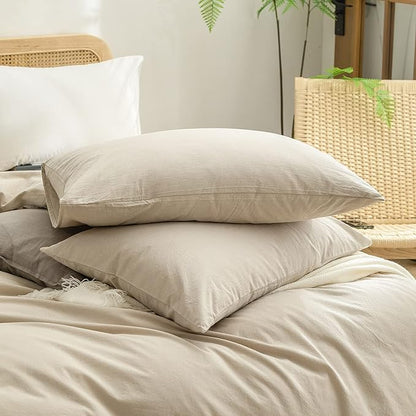 BESTOUCH Duvet Cover Set 100% Washed Cotton Linen Feel Super Soft Comfortable Chic Lightweight 2 PCs Home Bedding Set Solid Almond Milk Grey Twin/Twin XL