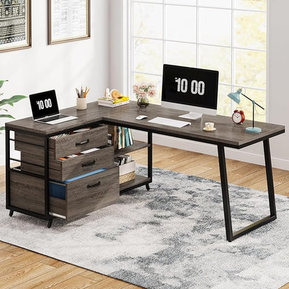 Tribesigns L-Shaped Desk with 3 Drawers, Reversible Corner Home Office Computer Desk with Shelves, 53-Inch Industrial PC Desk Study Writing Table Workstation for Small Space, Grey