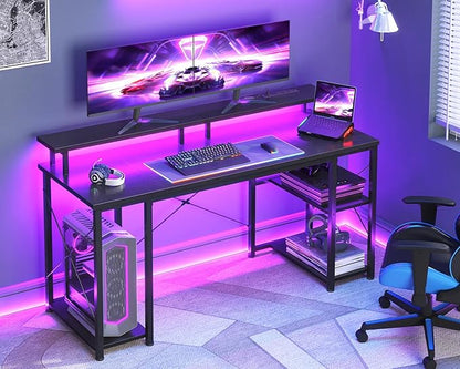 ODK 55 Inches Gaming Desk with LED Lights, Computer Desk with Monitor Stand, Pc Table with CPU Stand, Black