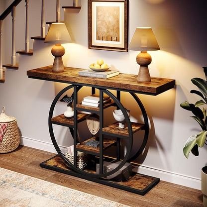 41" Console Table for Entryway, 4-Tier Industrial Narrow Wood Sofa Accent Tables with Circle Storage Shelves for Living Room, Hallway, Foyer (Rustic Brown)