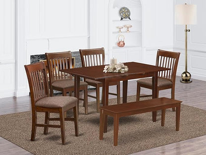East West Furniture PSNO6C-MAH-C 6 Piece Dining Room Set Contains a Rectangle Kitchen Table with Butterfly Leaf and 4 Linen Fabric Dining Chairs with a Bench, 32x60 Inch, Mahogany