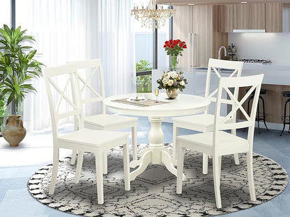 East West Furniture HBBO5-LWH-W 5 Piece Dining Room Furniture Set Includes a Round Kitchen Table with Pedestal and 4 Dining Chairs, 42x42 Inch, Linen White