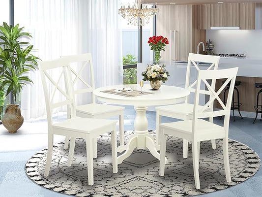 East West Furniture HBBO5-LWH-W 5 Piece Dining Room Furniture Set Includes a Round Kitchen Table with Pedestal and 4 Dining Chairs, 42x42 Inch, Linen White