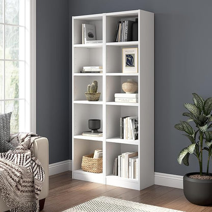 Bush Furniture Universal 17W Narrow 5 Shelf Bookcase in White - Set of 2, Matching Skinny Bookshelves for Home Office or Living Room Storage