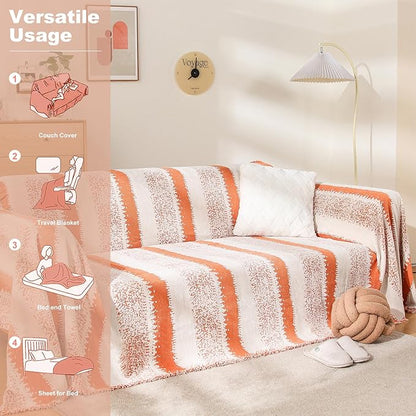 Boho Couch Cover, Sofa Cover, Sofa Covers for 2 Cushion Couch, Washable Sectional Couch Covers for Dogs Pet Furniture Protector Couch Cover Blanket for Living Room (1# Orange, 71" x 102")