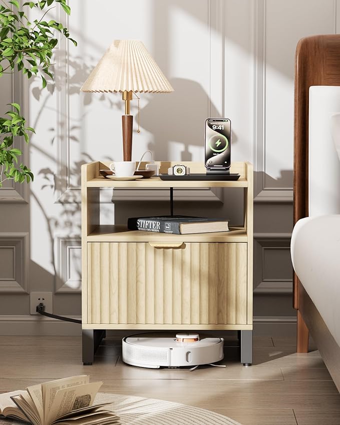 Fluted Night Stand with Charging Station, Wood Nightstand with Large Drawer and Open Storage Cabinet, Mid-Century Modern Bedside Table End Table for Bedroom Closet Office