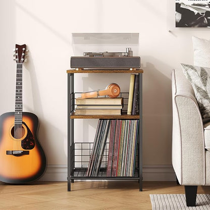 X-cosrack Side Table, Small End Table Record Player Stand with Storage, Vinyl Record Storage Night Stand for Living Room, Bedroom,Office(Patent Pending)(Rustic Brown & Black)