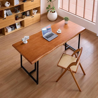 Solid Wood Administrative Desk, Dining Table with Durable Metal Legs, Uniquely Designed Leisure Table, Perfect for Restaurants and Home Offices, (Wood Brown, 62.99in)