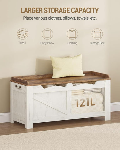 39.4" Storage Chest, Extra Large Storage Trunk with 2 Safety Hinges, Wooden Box Bench, Lift-Top Organizer Chest, Shoe Bench for Entryway, Bedroom, Living Room, White and Brown SB04514B