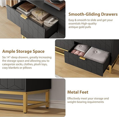GAOMON Black Dresser for Bedroom,Modern 6 Drawer Double Dresser with Gold Handles,Long Storage Organizer for TV Stand & Closet,Large Chest of Drawers for Living Room,Hallway,Entryway