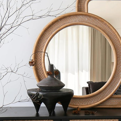 Micasso Round Rattan Wall Mirror: 30" Purely Handmade Wooden Frame Wicker Mirror - Rustic Shabby Chic Boho Bamboo Mirrors for Farmhouse/Bathroom/Bedroom/Living Room/Entryway/Home Decor