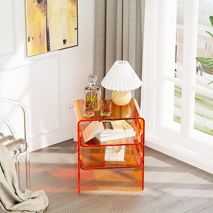 Clear Acrylic 3-Tier End Table/Nightstand – Sleek Bedside Storage with Durable Design, Perfect for Bedrooms, Living Rooms, or Modern Interiors – Ideal as a Bedside Table or Sofa Side Piece (Orange)