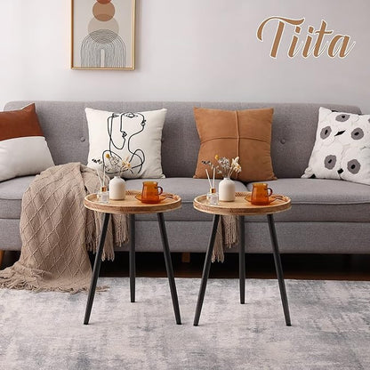 Tiita Round End Table Mental Side Table Nightstand/Small Wood Tables Accent Coffee Table with Wooden Tray for Living Room Bedroom Office Small Space